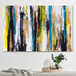 Yellow black Large Abstract art Canvas Painting Turquoise Blue Gold Leaf Abstract painting Office art Large Living room art Modern wall art