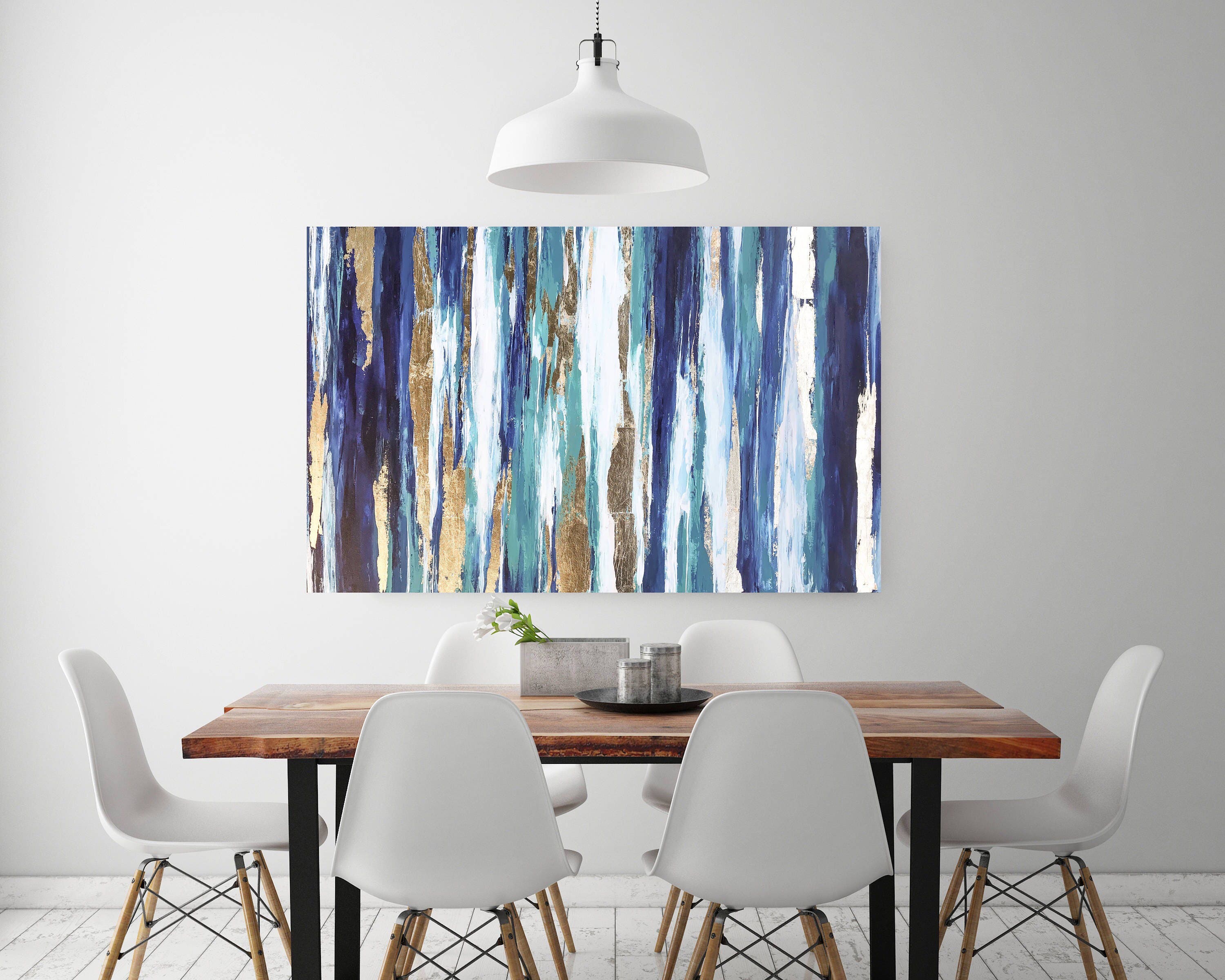 Blue Teal Gold Wall Art on Canvas Abstract Gold Art Living Etsy