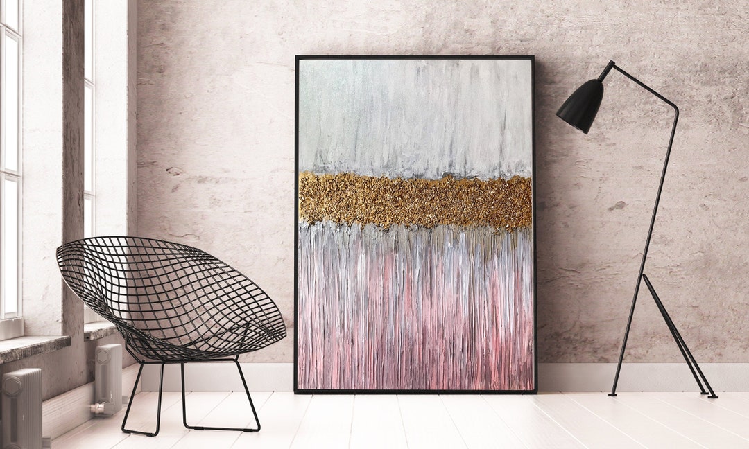 Pink Gold Abstract Painting Large Mixed Media Textured Art Etsy