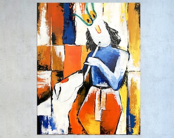 Indian painting on canvas, Krishna with Cow painting, Hindu God, Indian wall art, Asian art, Modern Indian decor, Krishna painting