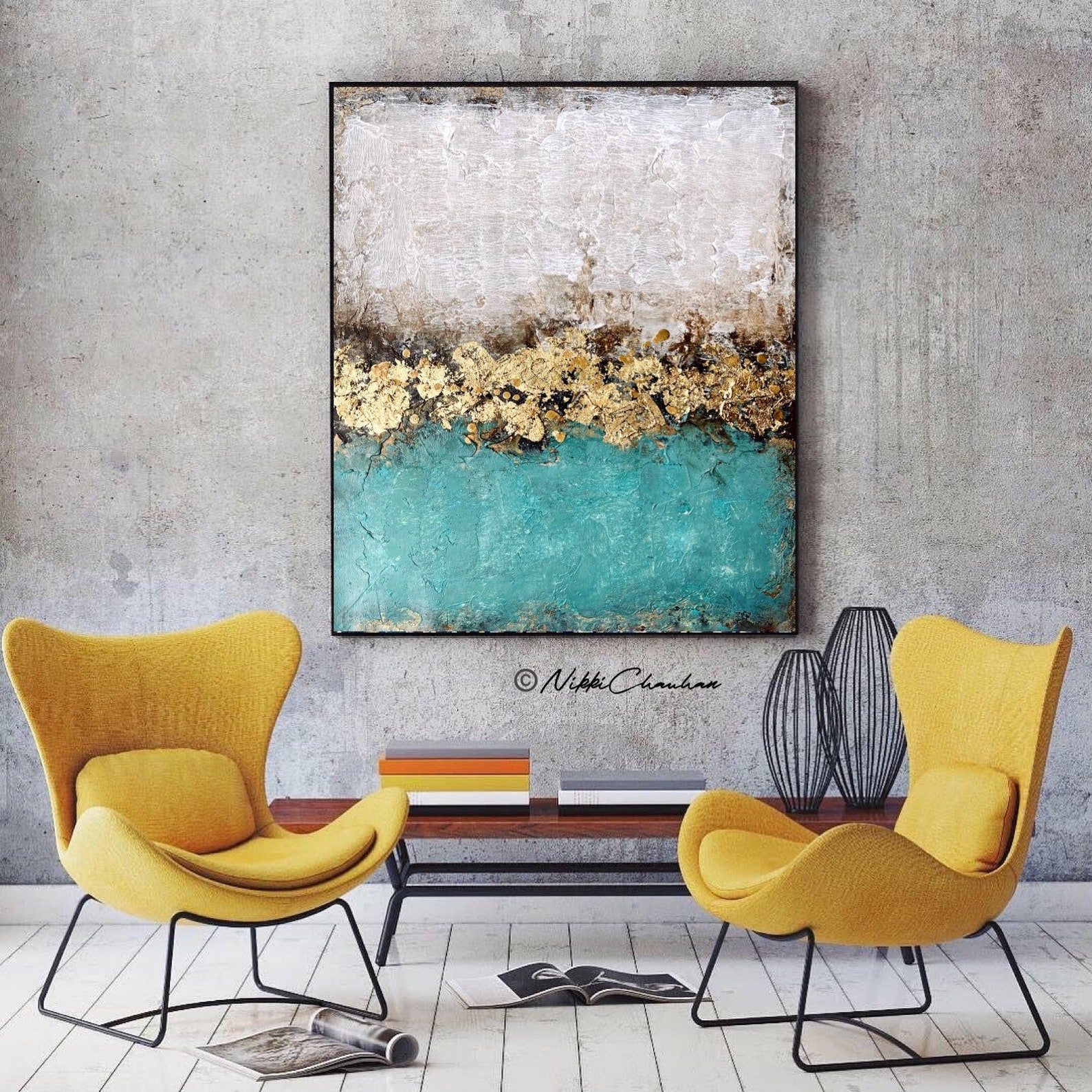 Teal Abstract Modern Industrial Wall Art, Original Abstract Painting on ...