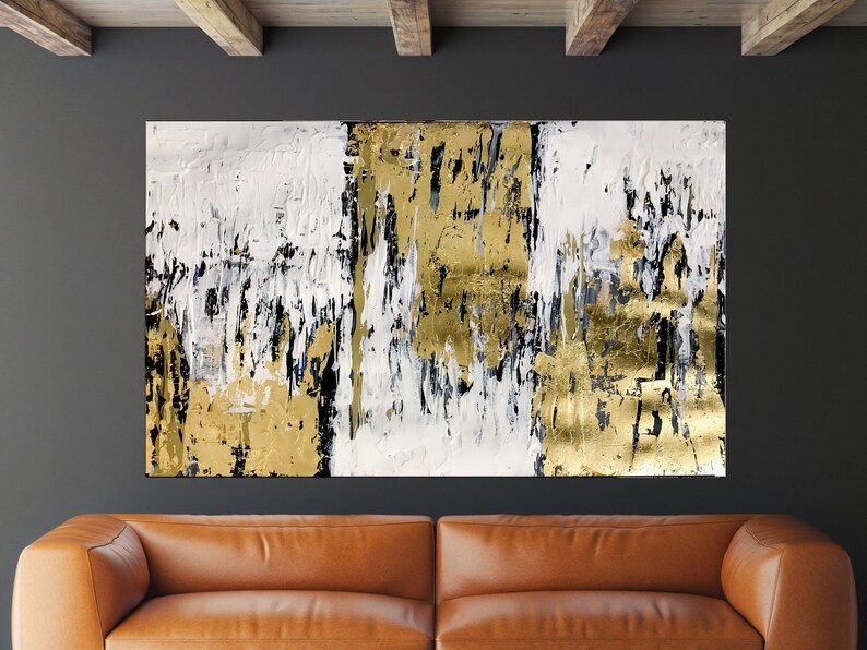 Gold Leaf Abstract Gold White Wall Art Large Abstract Painting Etsy