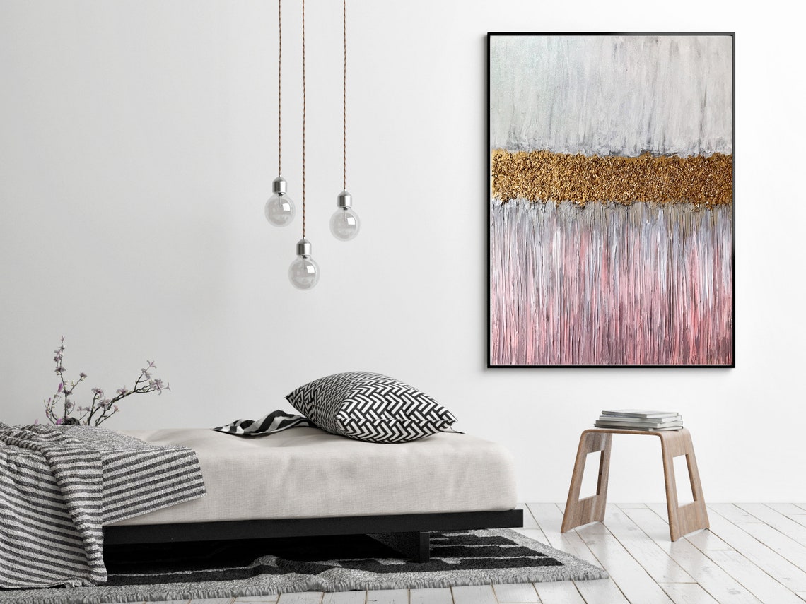 Pink Gold Abstract Painting Large Mixed Media Textured Art Etsy