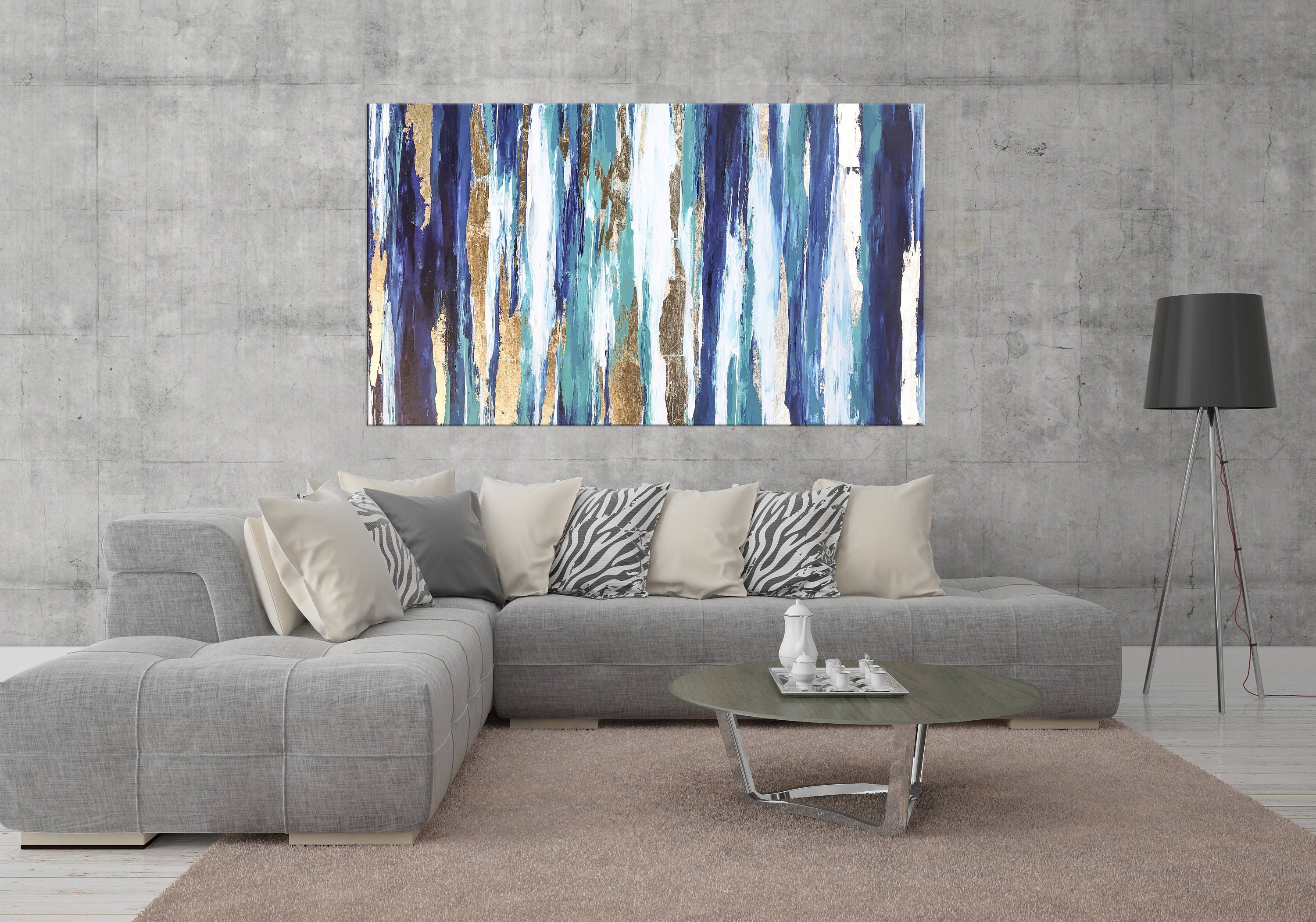 Blue Teal Gold Wall Art on Canvas Abstract Gold Art Living Etsy