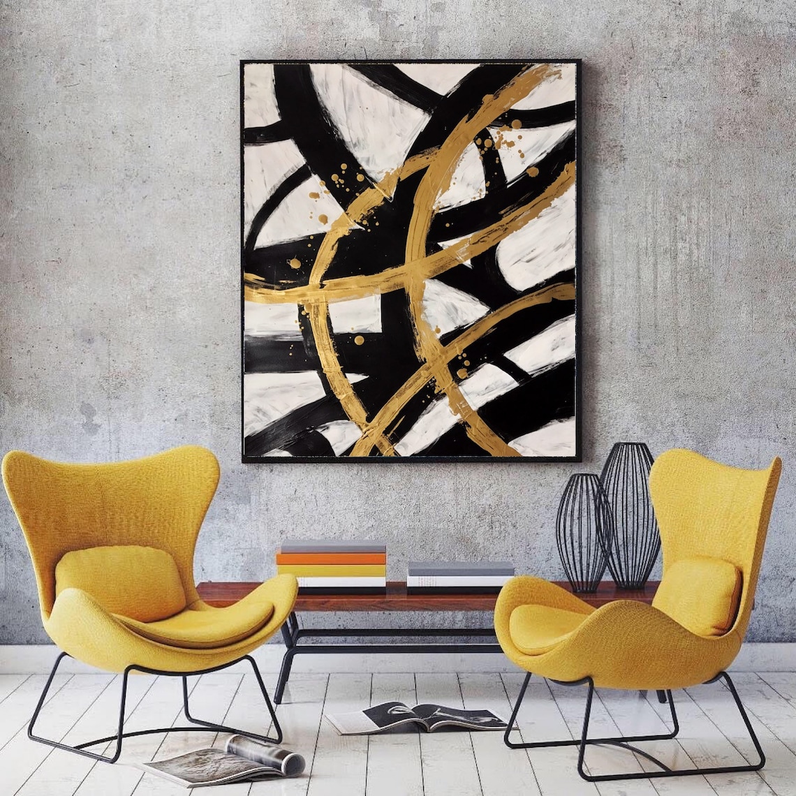 Black White Gold Abstract Art Minimalist Monochrome Art on Etsy