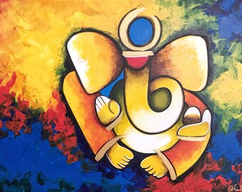 Ganesha wall art, Indian decor, Modern Indian art, Abstract Indian art, Hindu wall art, Painting on canvas, Elephant God, Ganesha painting