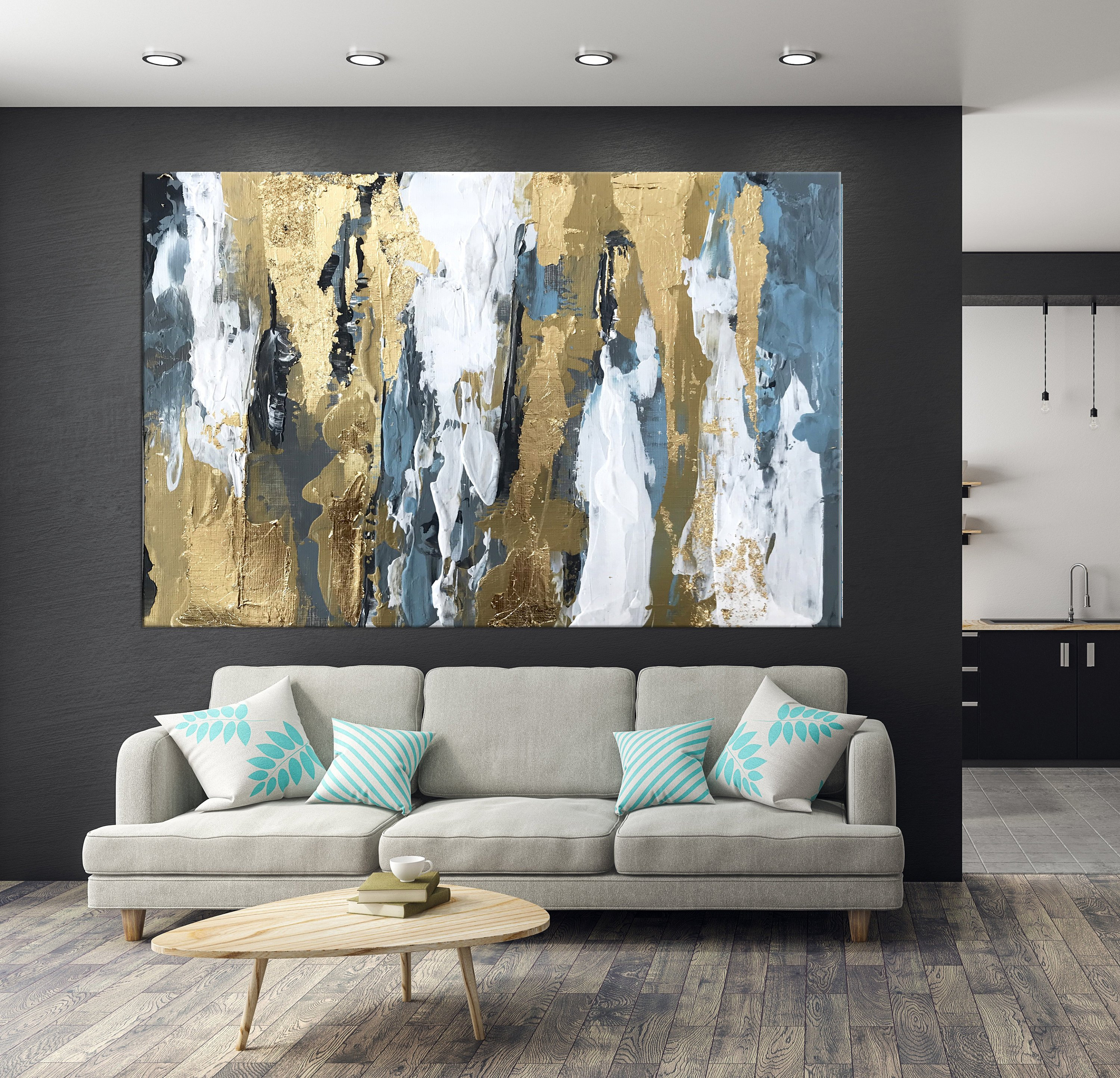 Gold leaf foil wall art with Navy blue gold chunky glitter stone beige