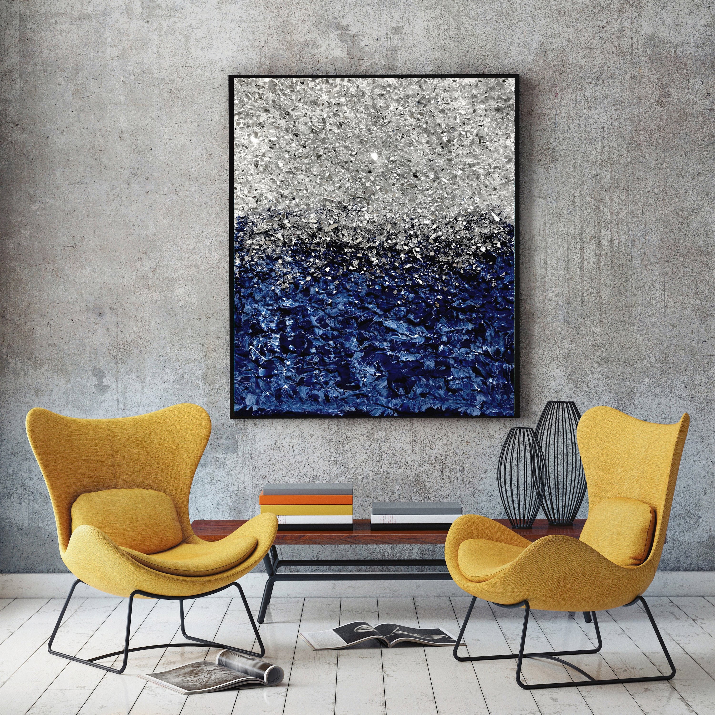 Silver Glitter Navy blue wall art Original Abstract art Etsy