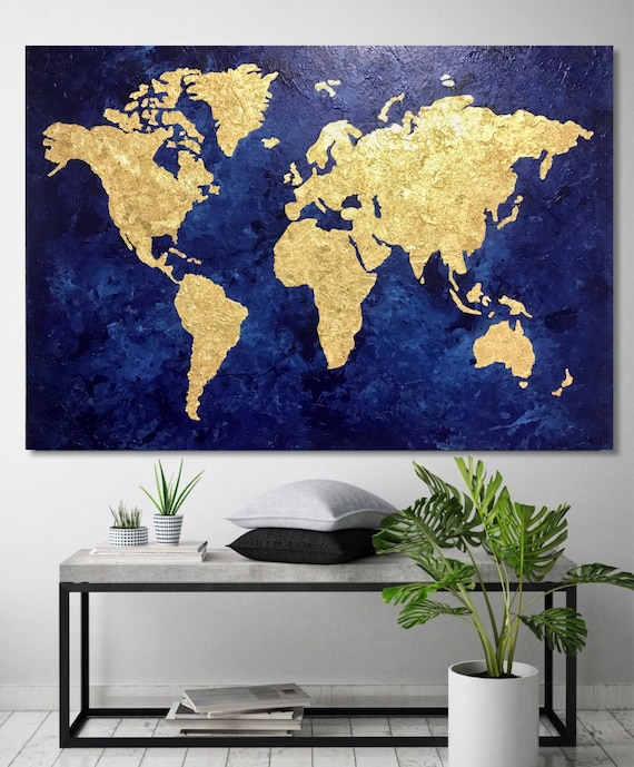 Blue And Gold World Map Gold Leaf Painting World Map Canvas Navy Blue Gold World | Etsy Singapore