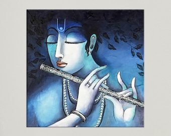 Krishna Painting, Indian art, Hindu God, Contemporary art, Painting on canvas, Indian Wall art, Hindu art, Asian decor, Indian decor, Nikki