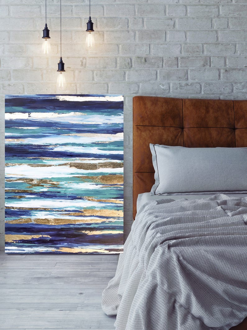 Blue Teal Gold Wall Art on Canvas Abstract Gold art Living Etsy