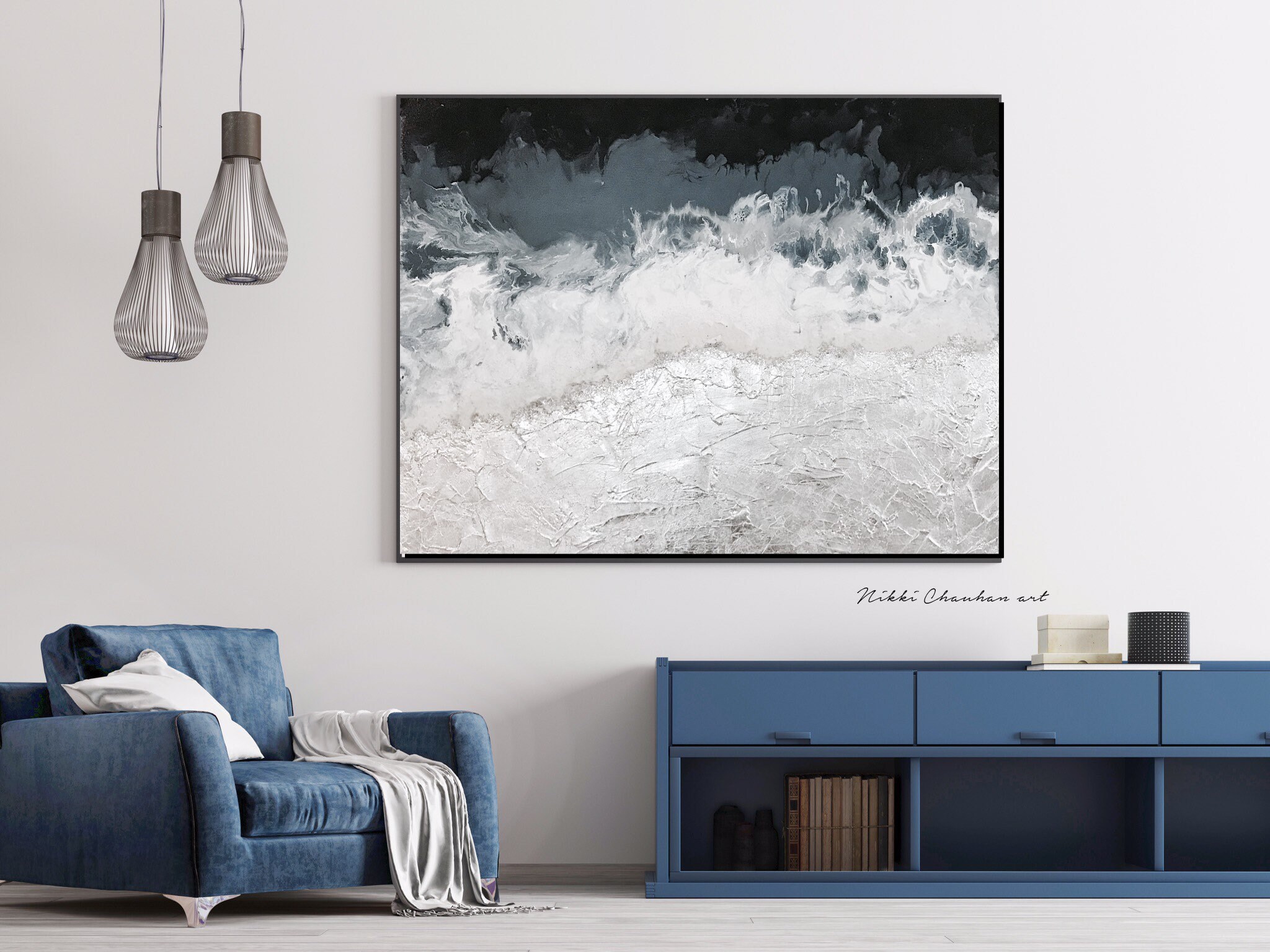 Silver Leaf Art Black Grey Silver Modern Acrylic Pour Art Etsy