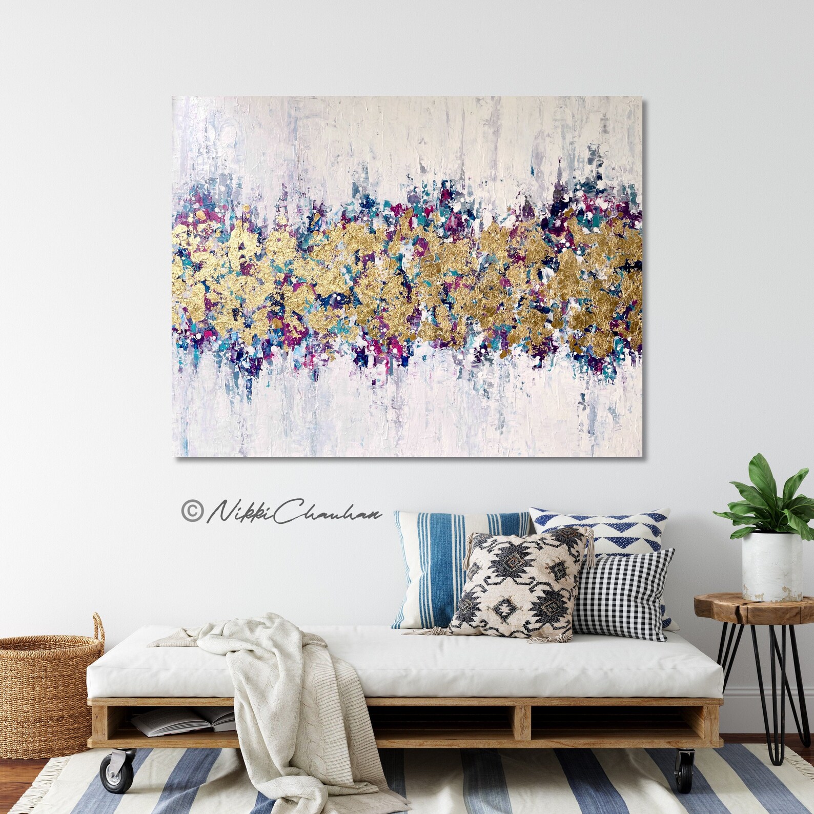 Pink Blue Gold Wall Art Gold Leaf Acrylic Abstract Art Etsy