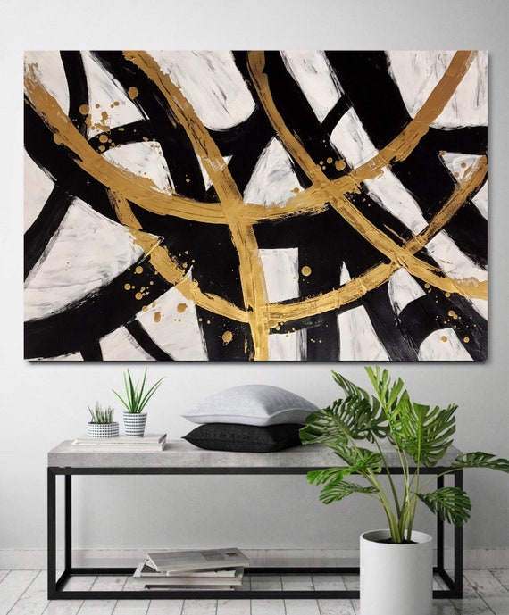 Black White Gold Abstract Art Minimalist Monochrome Art on Etsy