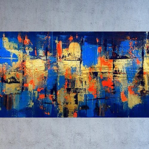 Blue Gold Abstract Painting on Canvas Palette Knife Art Large Etsy