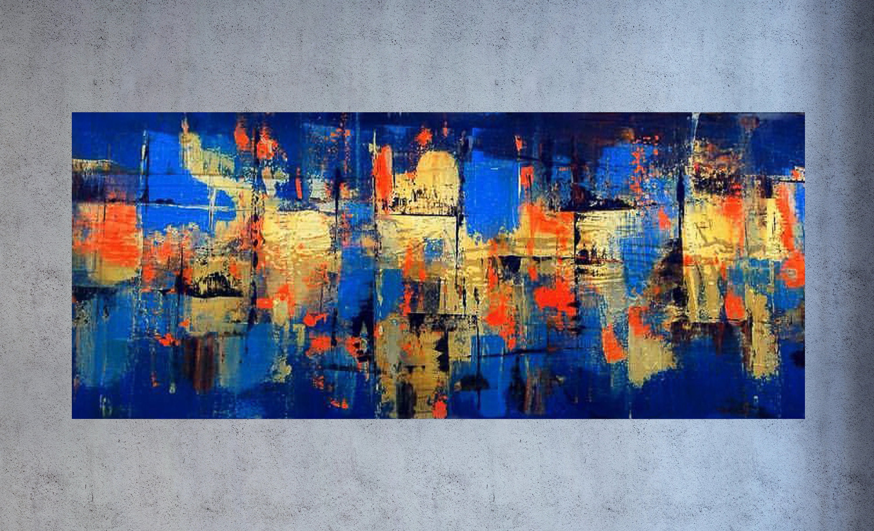 Blue Gold Abstract Painting On Canvas Palette Knife Art Large Etsy