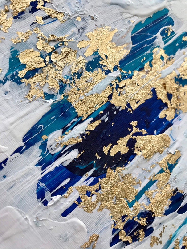 Blue Teal Gold Leaf Painting Oversized Gold Abstract Art Etsy