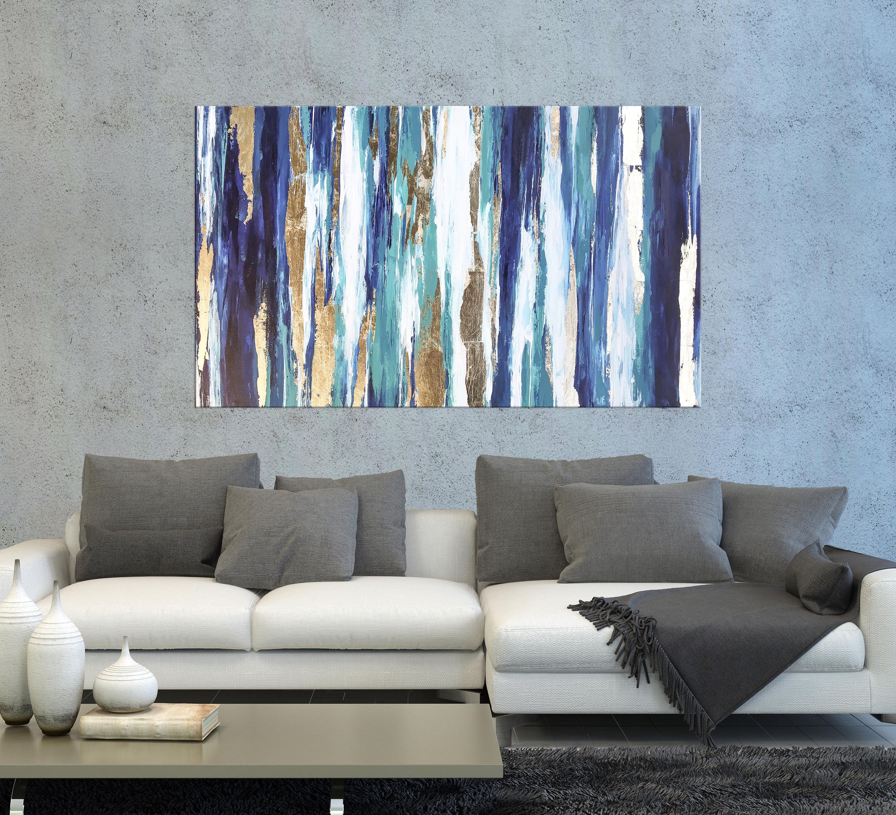 Blue Teal Gold Wall Art on Canvas Abstract Gold Art Living Etsy