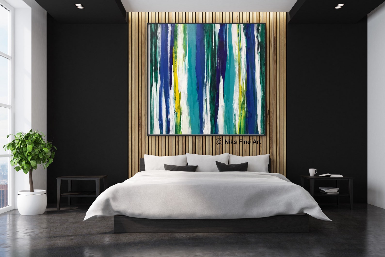 Blue Green Abstract Stripe Painting on Canvas Modern Etsy