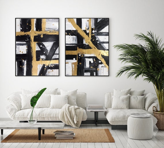 Minimalist Wall Art Black and Gold Abstract Large Canvas | Etsy