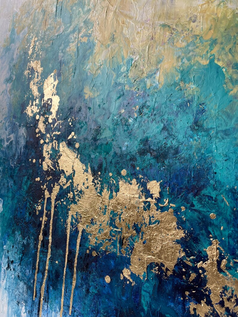 Teal Blue Large Abstract Art Canvas Painting Turquoise Gold Etsy