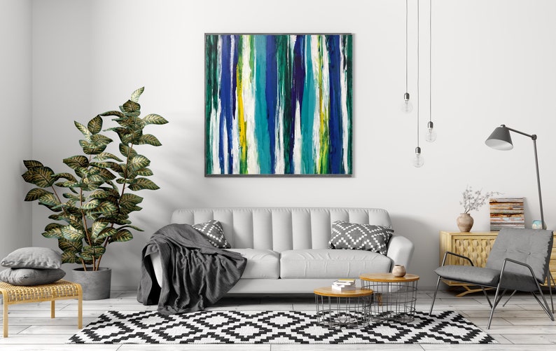 Blue Green Abstract Stripe Painting on Canvas Modern Etsy