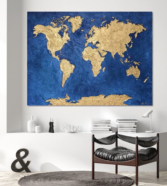 20" x 40" Pieces Large Wall Art blue map of the world Painting Ready to Hang 