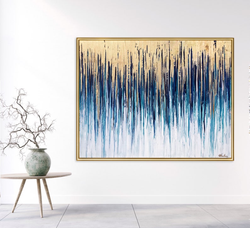 Gold Leaf Abstract Blue Teal Gold Unique Art Original Etsy Australia