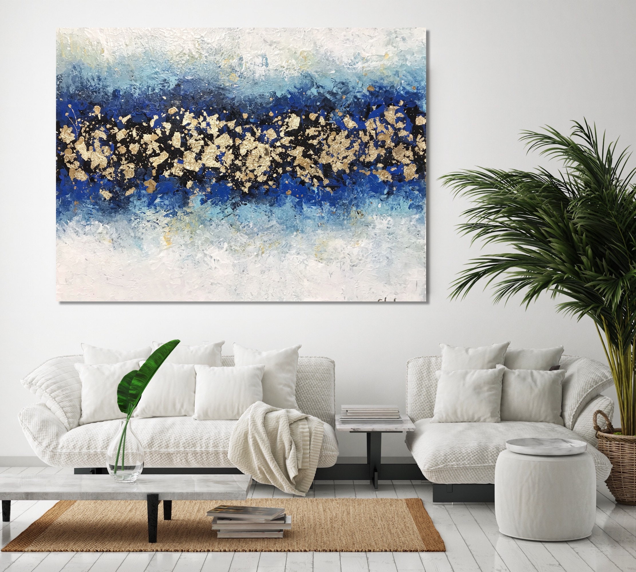 Large Blue Gold Leaf Abstract Art Original Abstract Painting Etsy