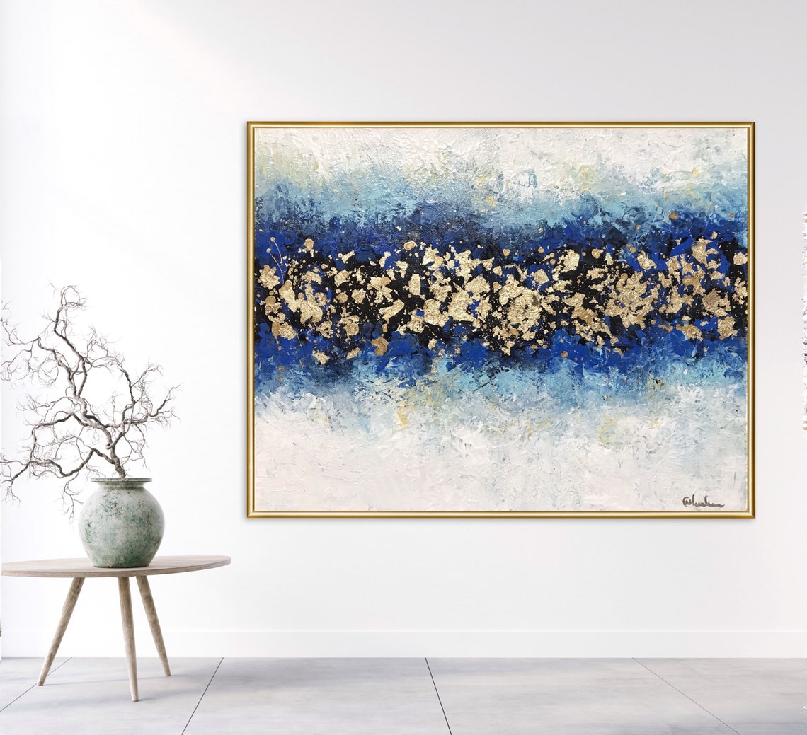 Large Blue Gold Leaf Abstract Art Original Abstract Painting Etsy