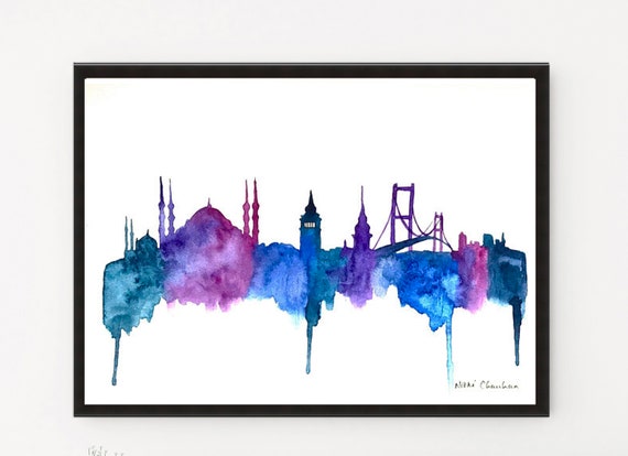 ISTANBUL SKYLINE WATERCOLOUR PAINT STYLE CANVAS PRINT WALL ART PICTURE PHOTO