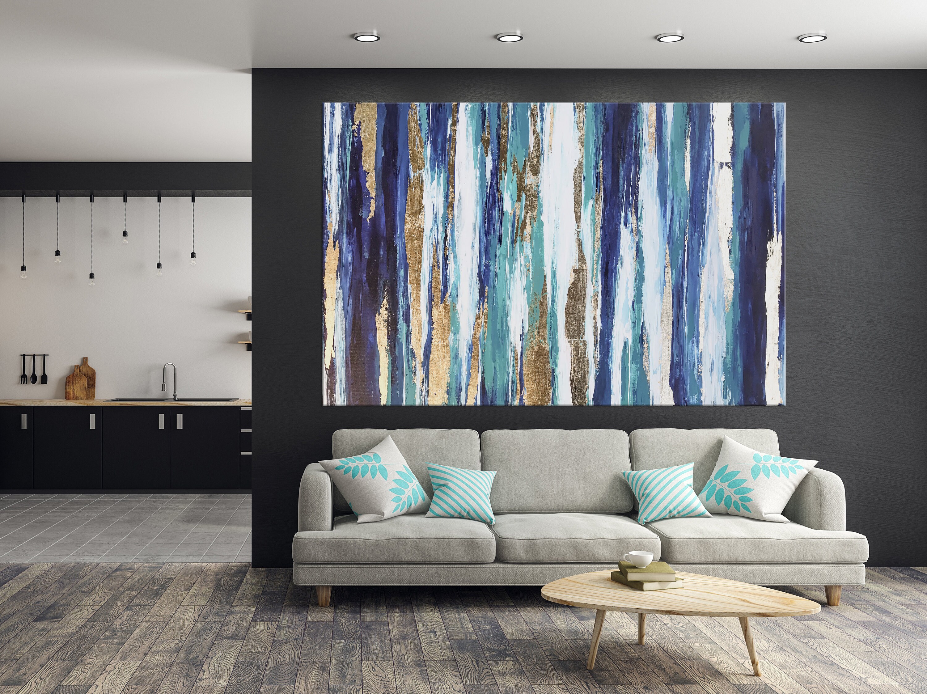 Blue Teal Gold Wall Art on Canvas Abstract Gold Art Living Etsy