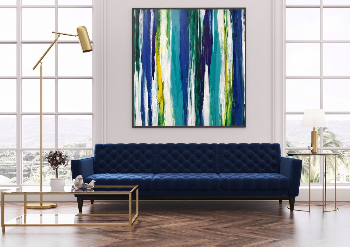 Blue Green Abstract Stripe Painting on Canvas Modern Etsy