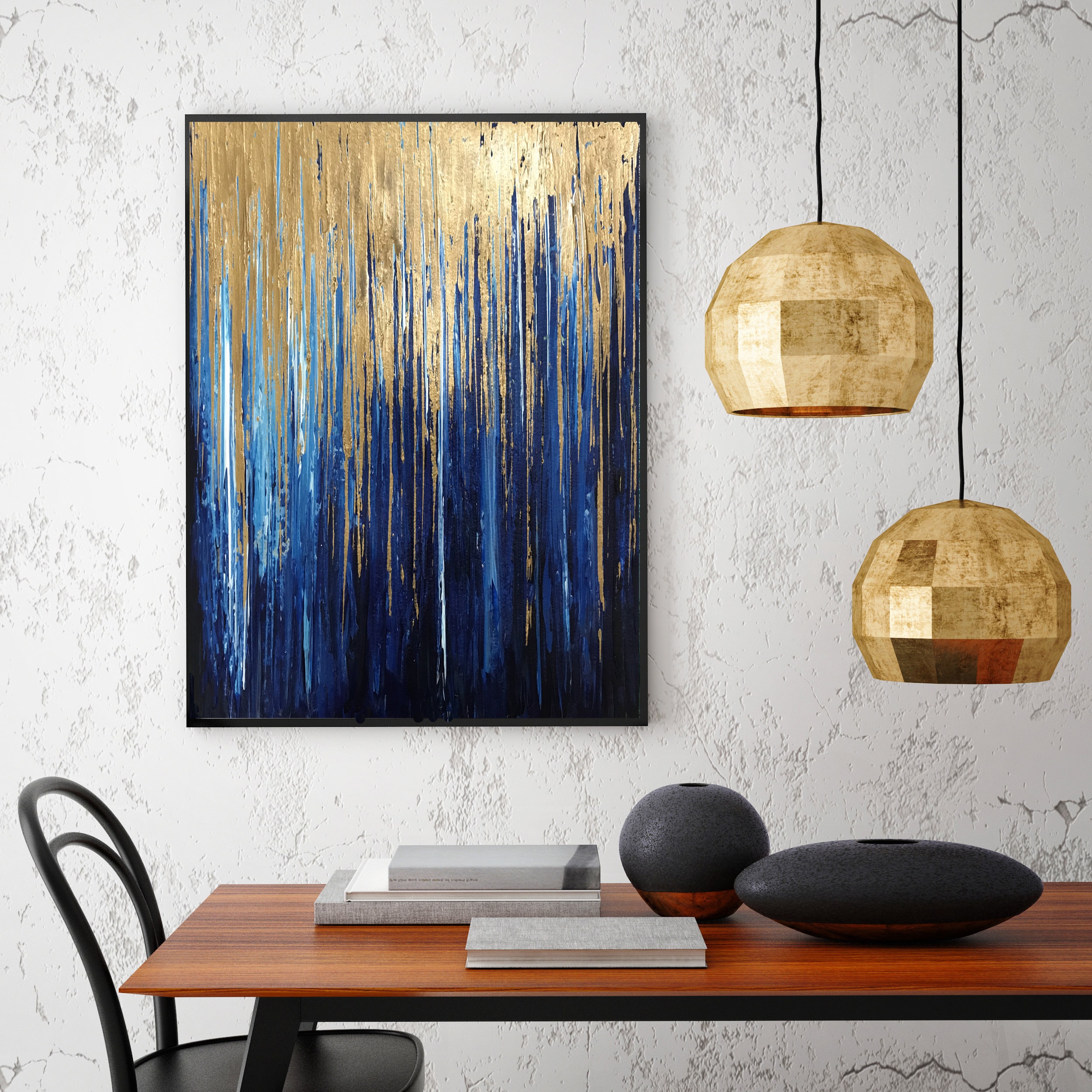 Gold Navy blue art Gold Leaf art Original Abstract art Navy Etsy