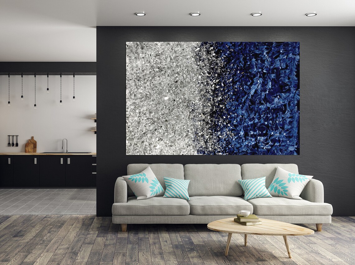 Silver Glitter Navy Blue Wall Art Original Abstract Art Etsy