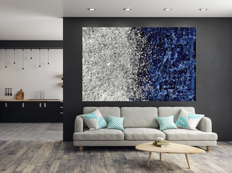 Silver Glitter Navy Blue Wall Art Original Abstract Art Etsy