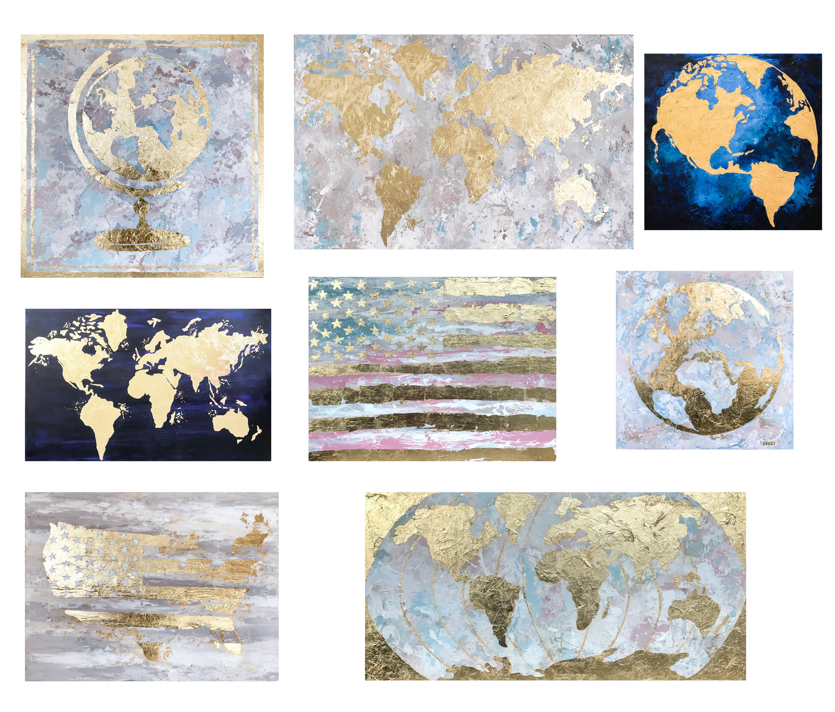 Gold Leaf Painting World Map Canvas Navy Blue Gold World Etsy
