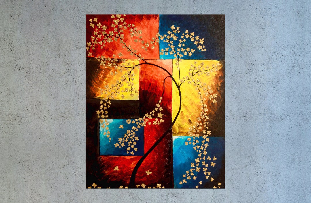 Red and Gold Art Cherry Blossom Painting Tree Painting Etsy