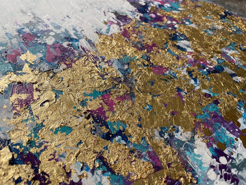 Pink Blue Gold Wall Art Gold Leaf Acrylic Abstract Art Etsy