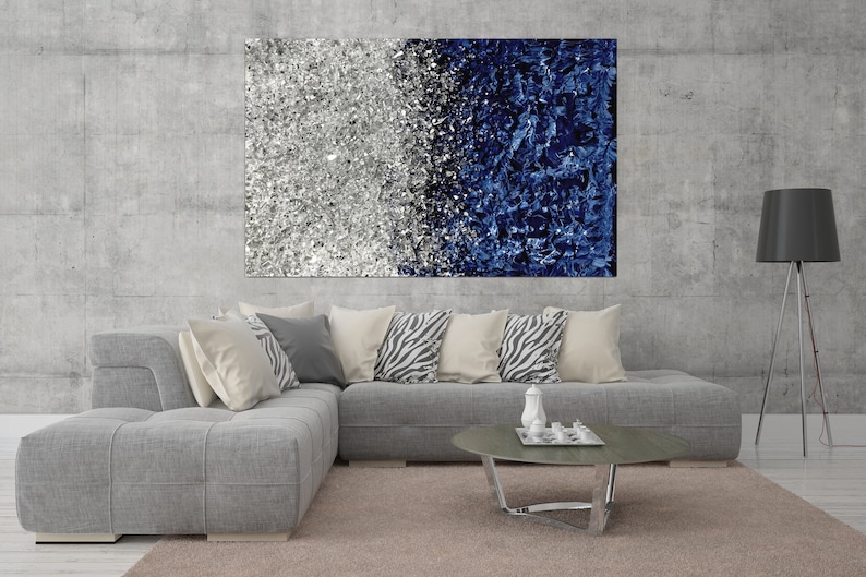 Silver Glitter Navy Blue Wall Art Original Abstract Art Etsy