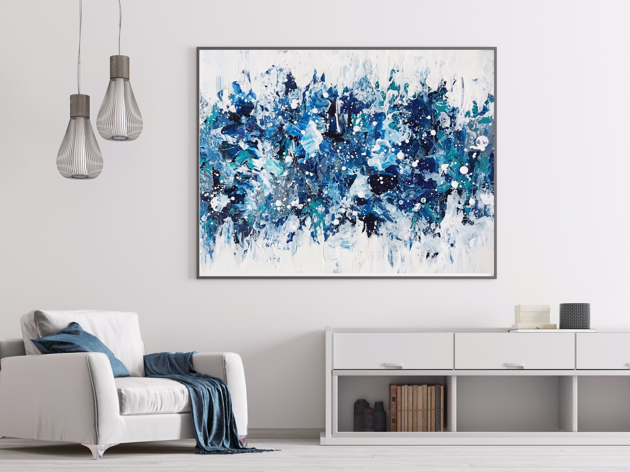 Blue White Abstract Wall Art Extra Large Abstract Painting Etsy