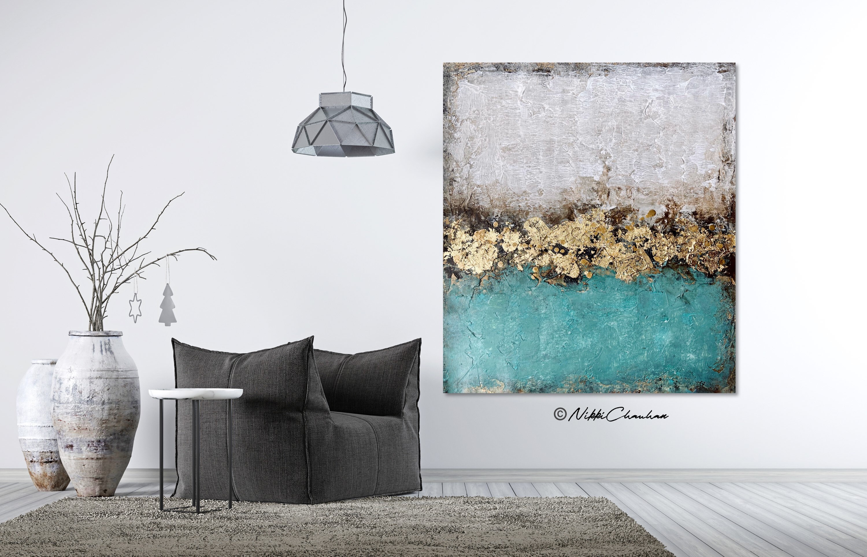 Teal Abstract Modern Industrial Wall Art, Original Abstract Painting on ...