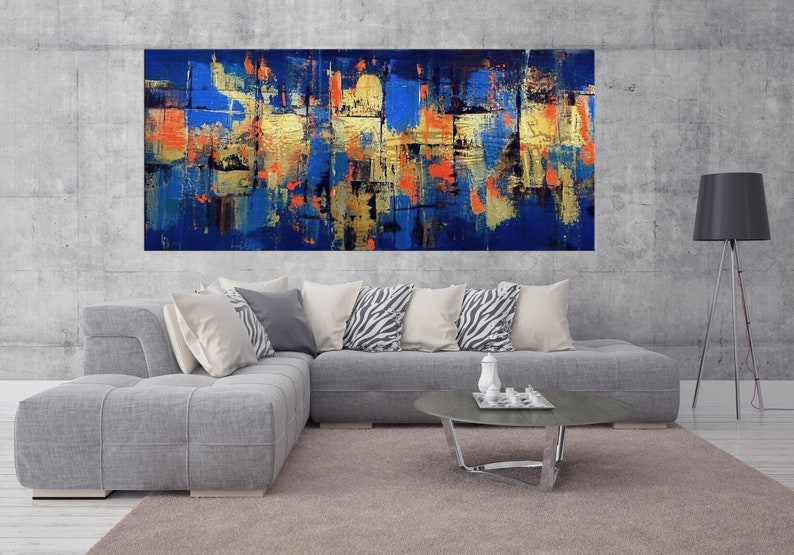 Blue Gold Abstract Painting on Canvas Palette Knife Art Large Etsy