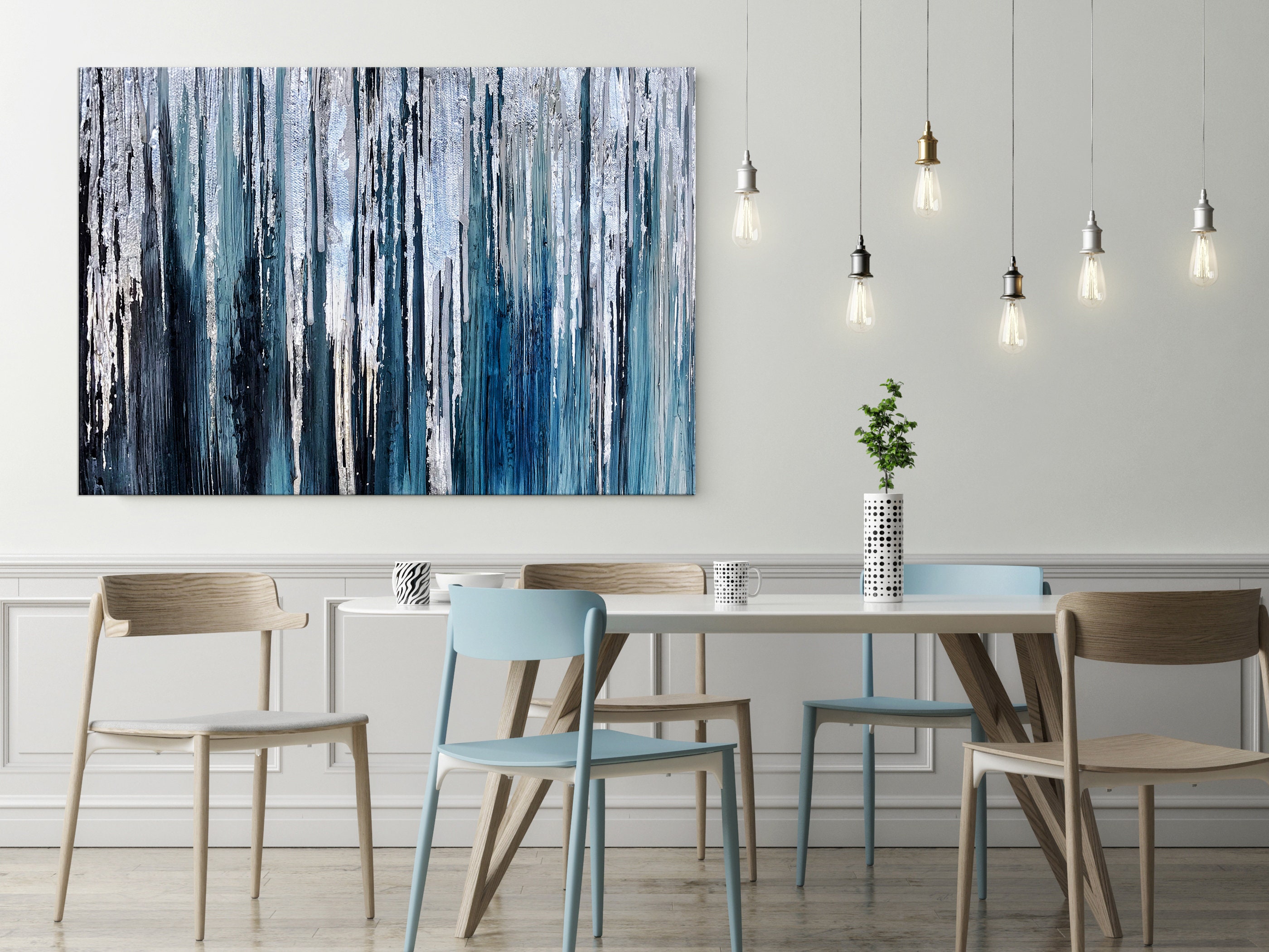 Silver Blue Metallic Abstract Art Canvas Digital Painting Wall Art