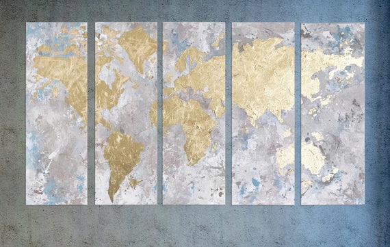 Gold Leaf World map canvas, Map of the World, World Map wall art Gold Leaf painting Office wall art Large Abstract Gold art, Living room art