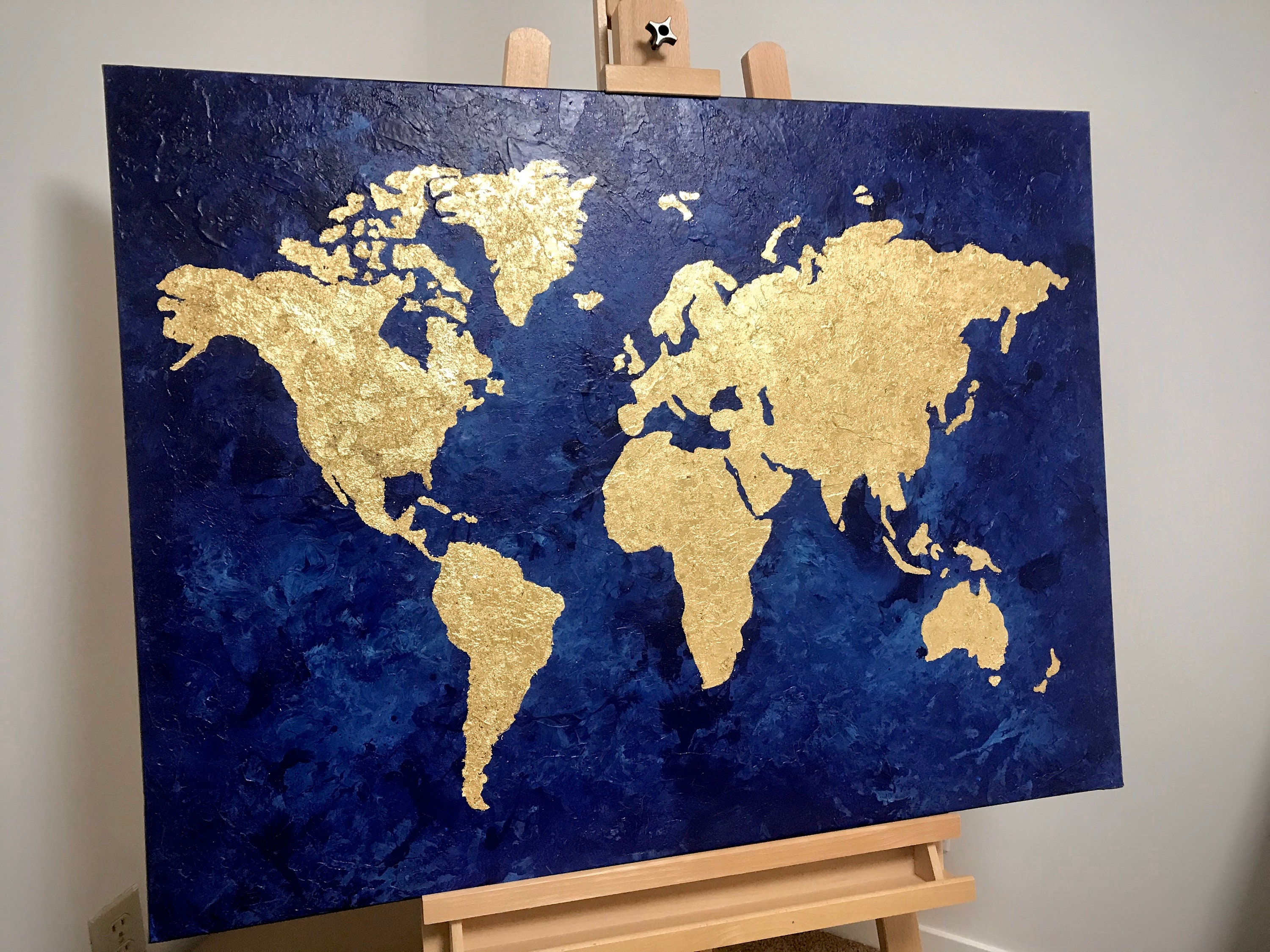Gold Leaf Painting World map canvas Navy Blue gold World Etsy