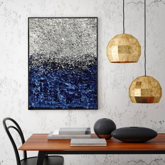 3D Blue and Silver Glitter Abstract Canvas Wall Art 48X36inch 100% Hand-painted Geode Marble Textured Painting for Living Room Bedroom Large Modern Blue Gray Home Decor LINXIN Ready to Hang