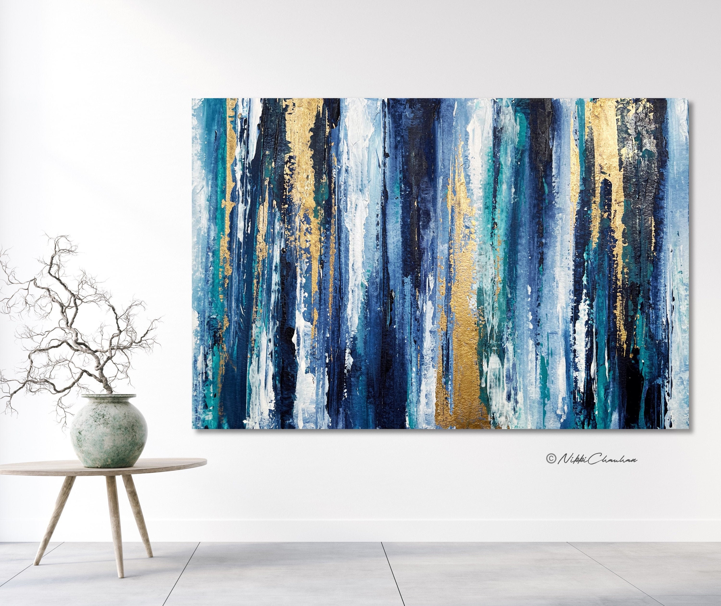 Large Indigo Gold Abstract Large Modern Acrylic Painting on Etsy UK