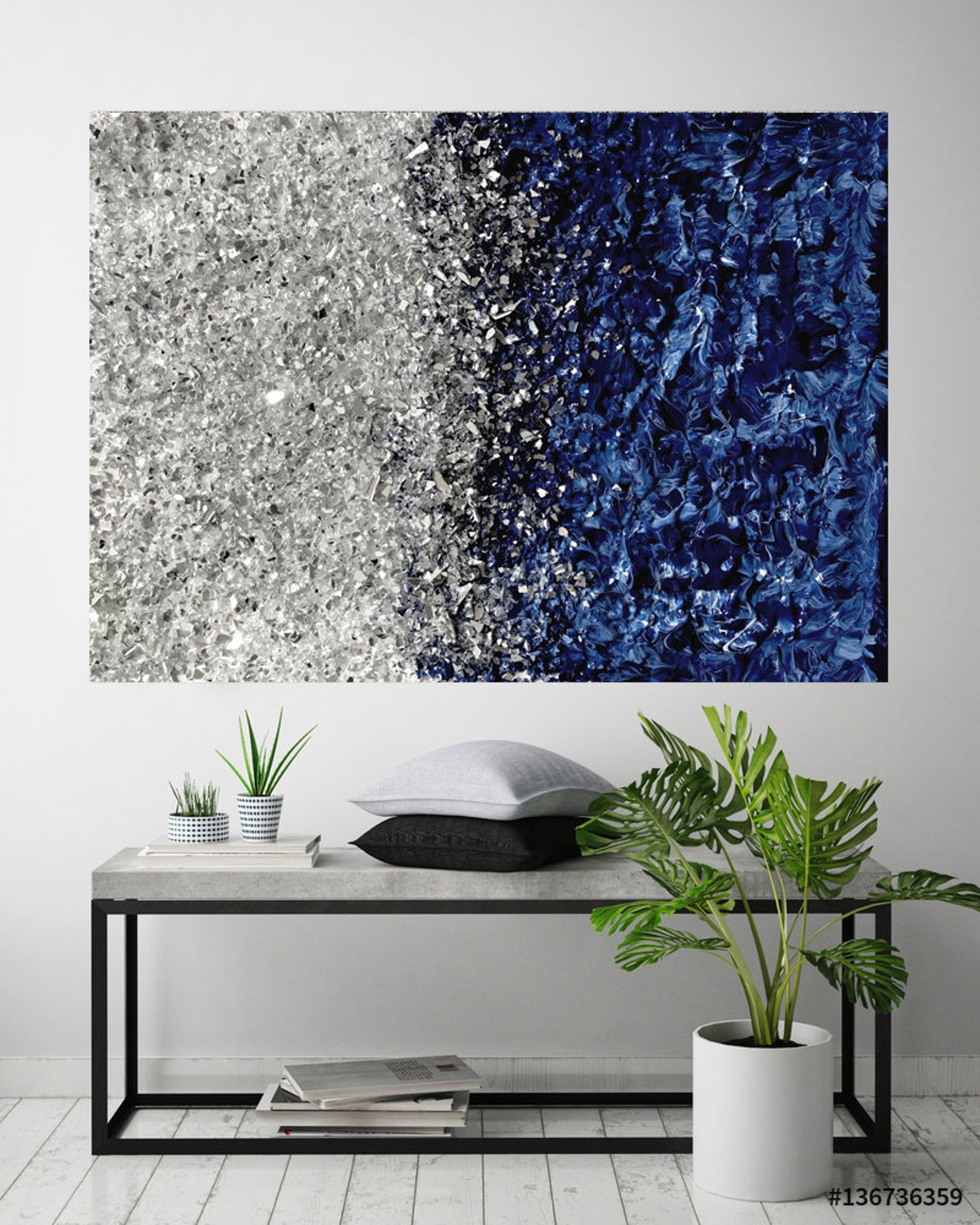 Silver Glitter Navy Blue Wall Art Original Abstract Art Etsy