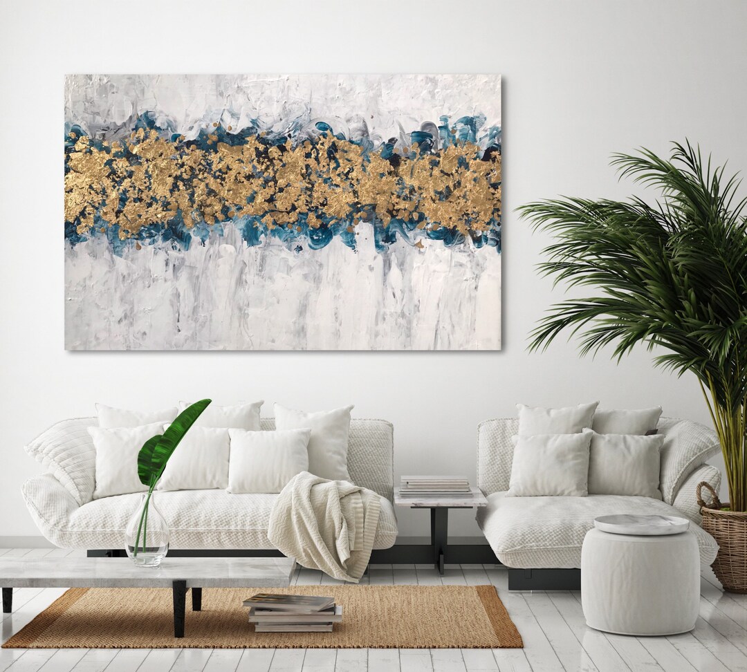 Gold Leaf Contemporary Painting, Original Teal Blue Abstract Painting ...